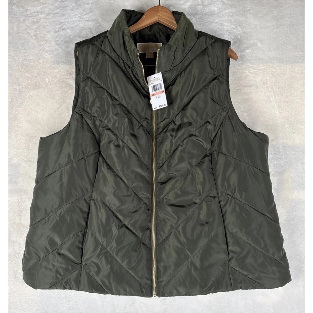 Michael Kors Womens 2X Green Quilted Puffer Vest Full Zip Casual MK Cham Fall